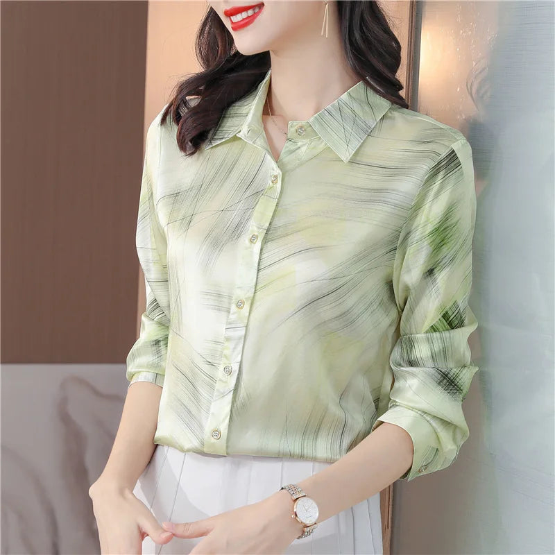 Spring Women's Shirts Fashion Long Sleeve Sweet Printed Clothing Female 2023 Silk Polo Neck Button Up Tops Women Basic Blouse OL