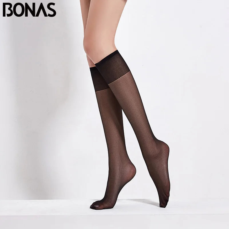 BONAS 4pairs/lot Women Stockings 20D Lower Leg Knee Female Transparent Stocking Thin Long Solid Women Girls Stocking Polyestey