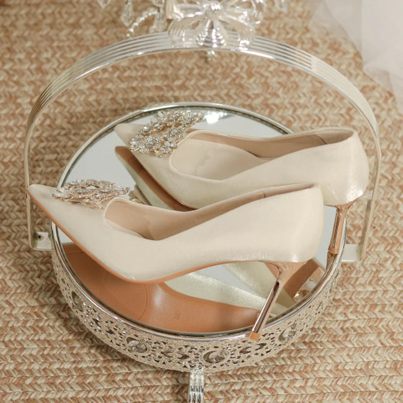 Women's Crystal Square Buckle High Heels Pumps 2024 Elegant Silk Thin Heeled Wedding Shoes Woman Slip On Pointed Toe Dress Shoes
