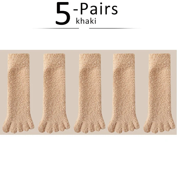 5 Pairs Winter Thick Toe Short Socks Coral Velvet Solid Thermal Keep Warm Floor Sleep At Home Soft Elastic 5 Finger Terry Socks