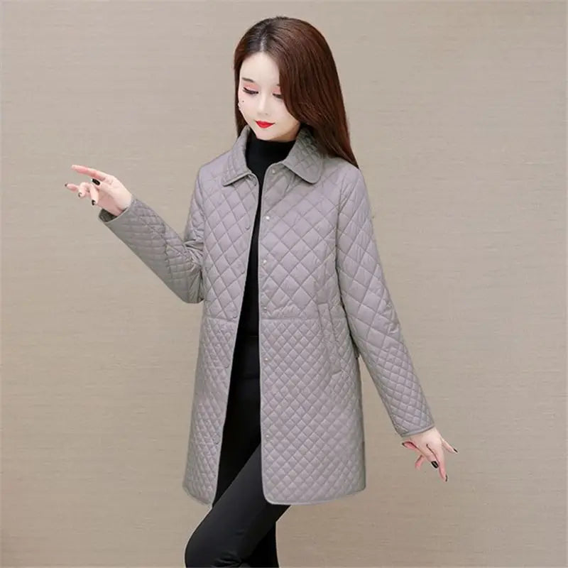 Autumn Winter Women Midi Plaid Quilted Coats Fashion Female Korean Clothing New Solid Casual Thicken Warm Long Sleeve Jackets