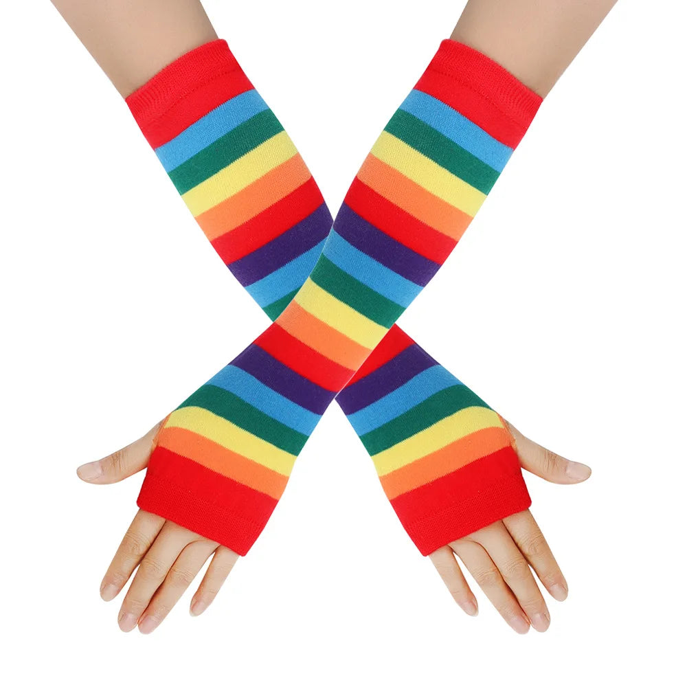 1 Pair Women Rainbow Striped Elbow Gloves Long Fingerless Gloves Striped Knitted Elbow Mittens Cotton Wrist Sleeves Arm Warmer