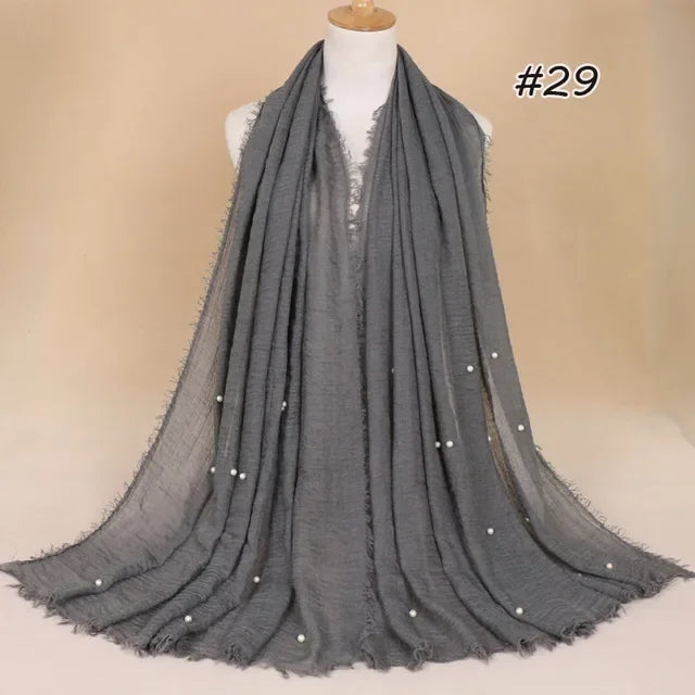 Plain Crinkled Cotton Muslim Hijab Scarf Women Ladies Scarfs Shawls Tassel Head Wrap Pearl Beads Head Scarves Soft Muffler Stole