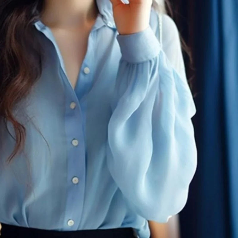 2024 Spring New Flattering Fashion Solid Color Blouses Polo-Neck Single-breasted Ruched Long Sleeve Slim Commute Women's Shirts