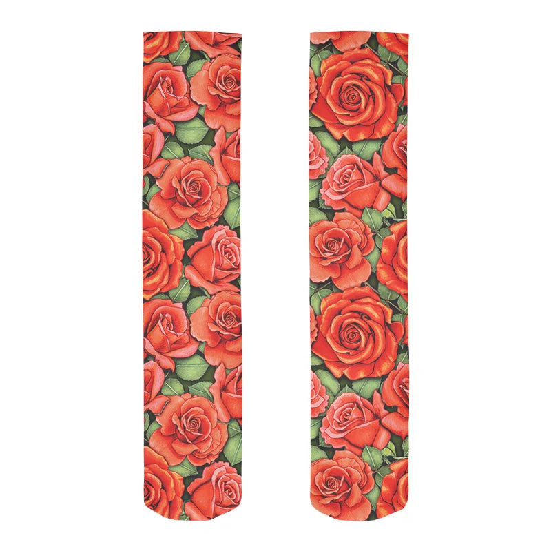 Fashion Trend Flower Print Harajuku Knee Socks Summer Rose Small Daisy Calf Socks Japanese Wild High Tube Sweet Stockings Women