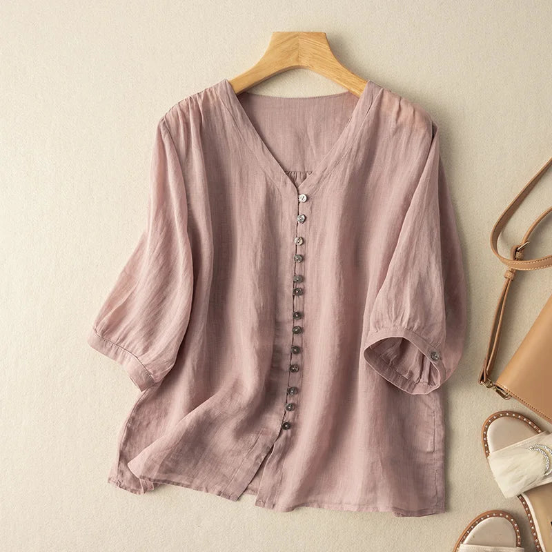 Cotton Hemp Women's Shirts Summer 2023 New Chinese Style Blouses Short Sleeve Solid Loose Top V-Neck Ladies Clothing