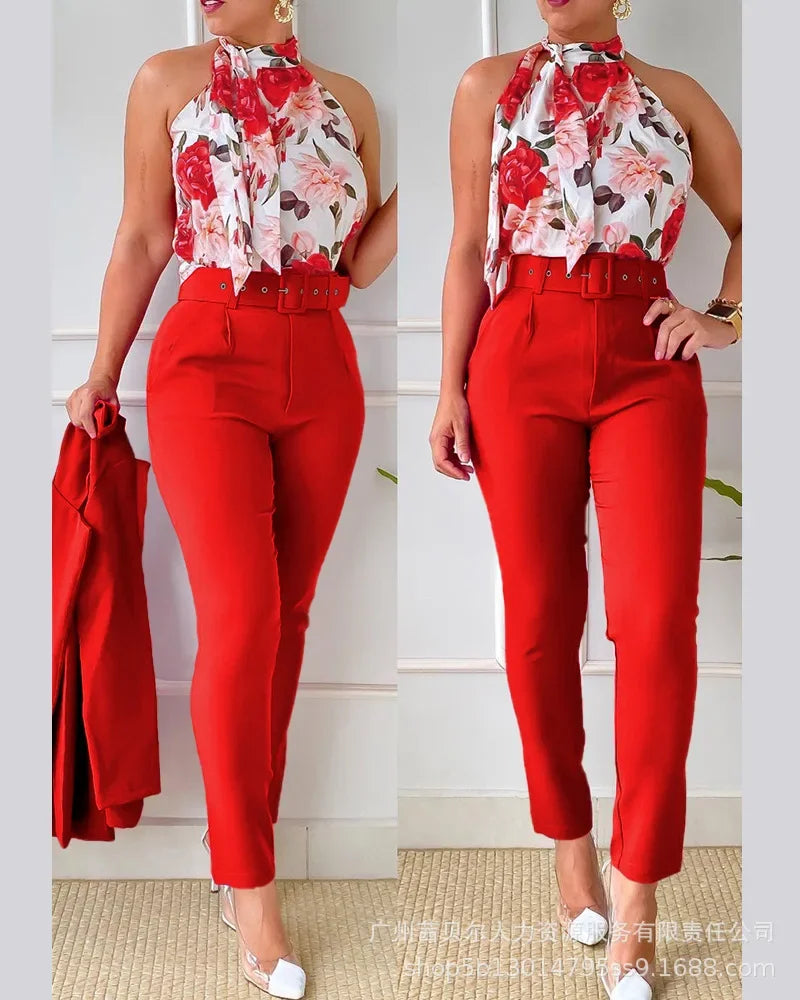 Floral Print Tank Top & High Waist Pants Set With Belt Women Flower Two Piece Set Halter Bow Crop Top Harem Trousers Summer