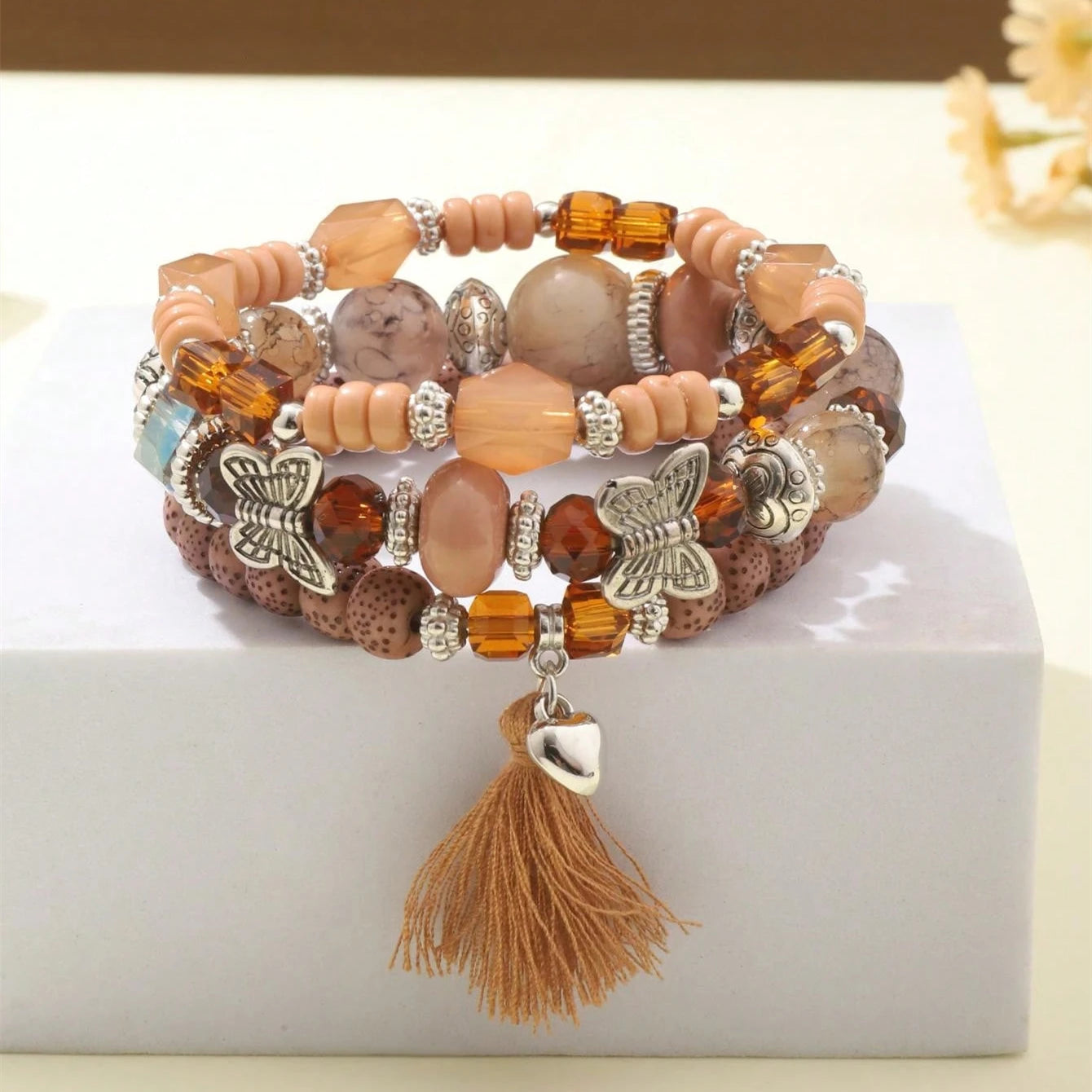 FTCY 3Pcs Women Boho Tassel Butterfly Bracelet Multicolor Volcanic Stone Natural Stone Elastic Cord Hand Chains Ethnic Jewelry