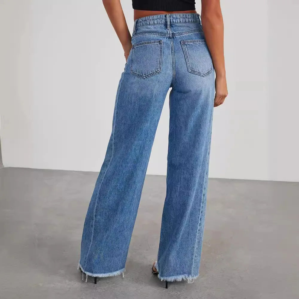 2024 Loose Women's Jeans Wide Leg Commute Minimalist Solid Color Tassel Denim Pants Slim-Fitting Casual trousers Drop Shipping