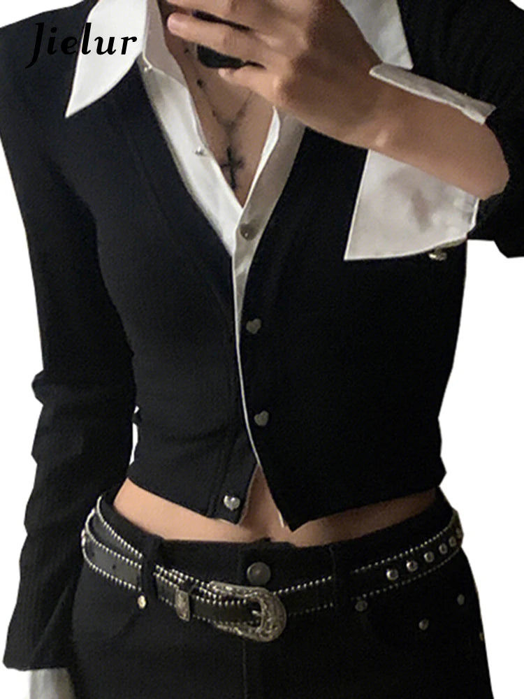 Jielur Sexy Fake Two Piece Set Women's Shirts Office Ladies V-neck Chic Slim Spell Color Single Breasted Fashion Female Shirt