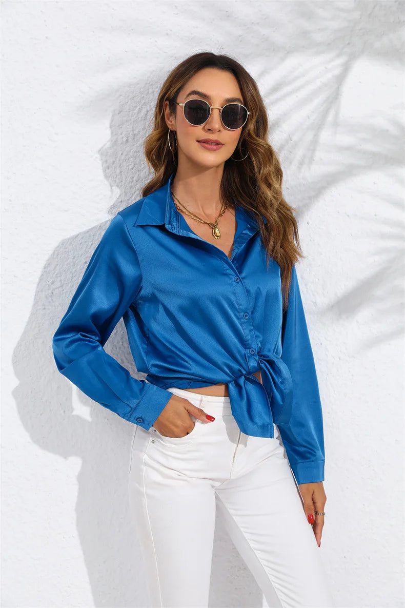 Spring and Autumn real photography in Europe and the United States women's solid color satin sateen long-sleeved women's shirts