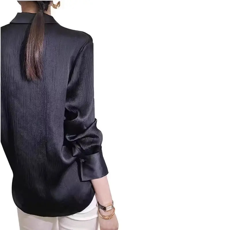 Women's Shirts Spring New Black Satin Texture Loose Long-sleeved Blouse Elegant Office Lady Work Wear Fashion Female Clothing