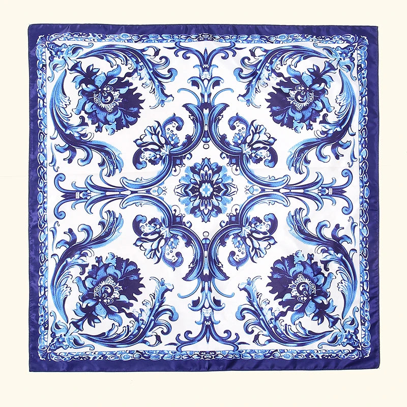 Chinese Style Blue And White Porcelain 90 Square Scarf Digital Floral Printed Handkerchief Muslim Hijab Shawls Bandana Turban