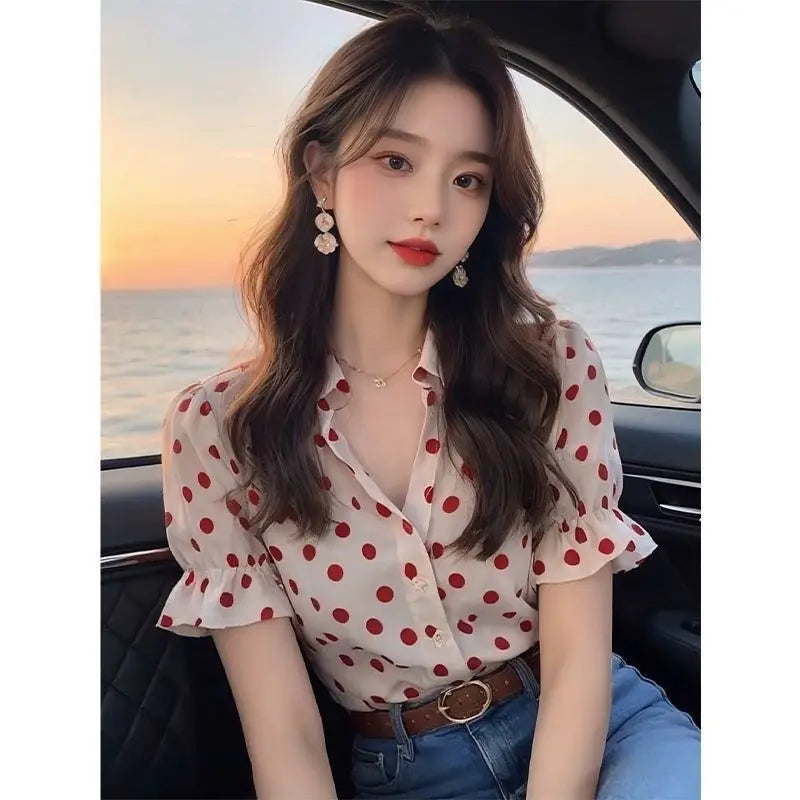 2024 Summer New Popular Beautiful High-end Elegant Women's Shirts French Sweet White Dotted Shirts for Women with Puff Sleeves