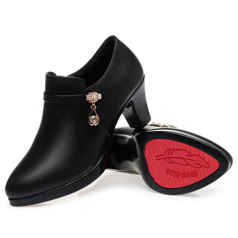 Comfortable Fashion Deep Mouth Soft Leather Women's Platform Shoes 2024 Fall Med Block Heels Single Shoes for Office Mom