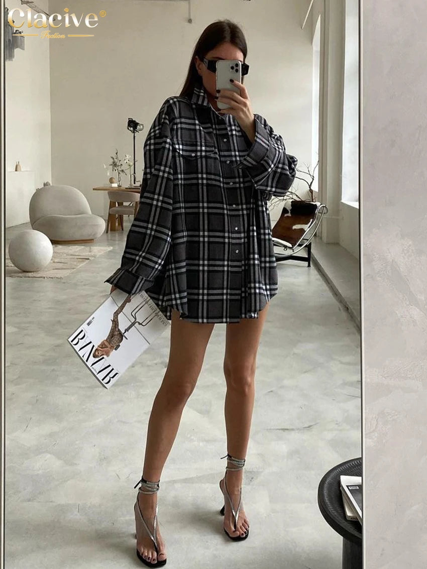 Clacive Fashion Loose Plaid Women'S Shirts 2023 Winter Lapel Long Sleeve Office Lady Blouse Elegant Classic Blusas Tops Female