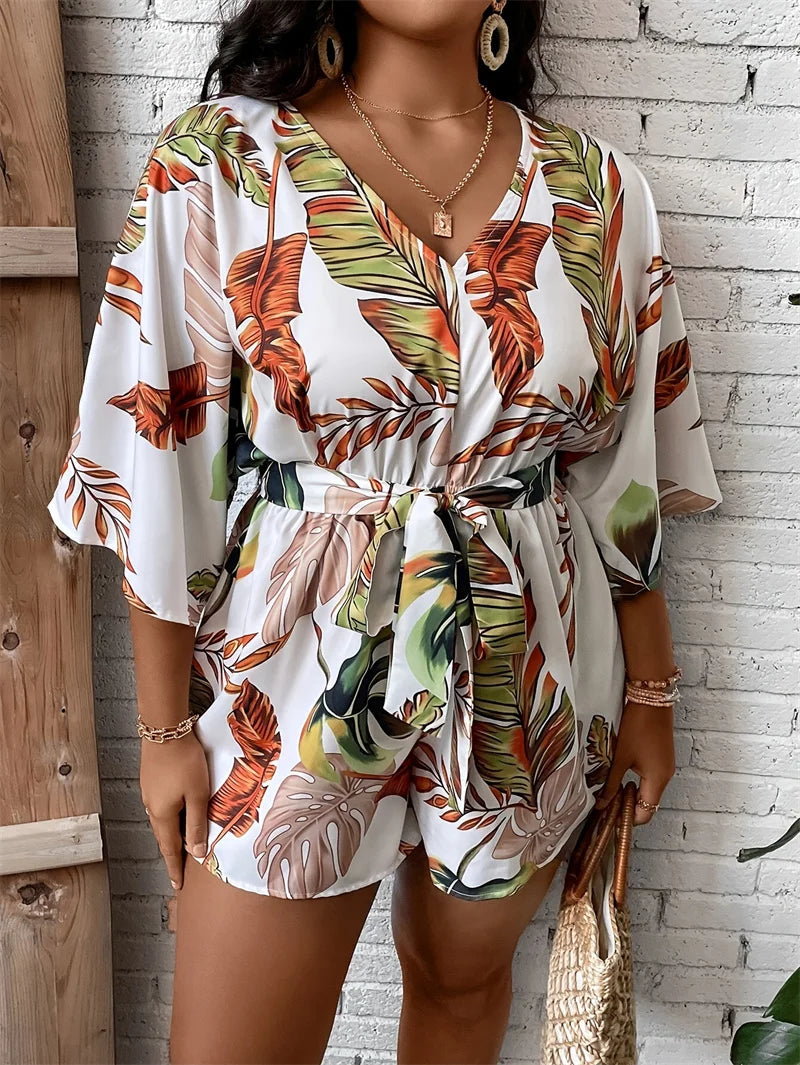 GIBSIE Plus Size Tropical Print Belted Jumpsuit Romper Women Summer V-Neck 3/4 Sleeve Beach Vacation Playsuit Women's Rompers