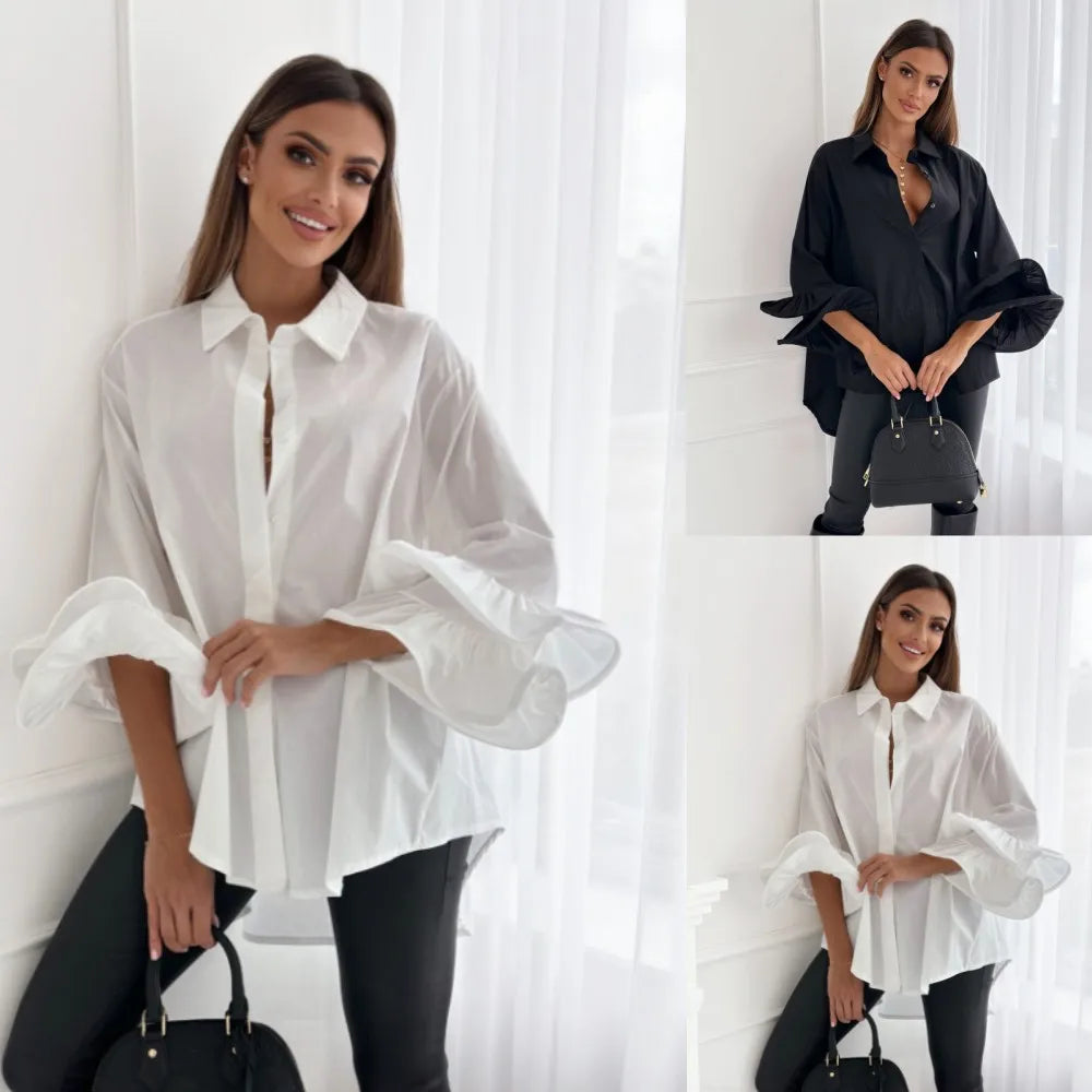 Women's Shirts 2023 Autumn Fashion Flare Sleeve Button Women's Shirts Elegant Black And White Solid Women's Shirts