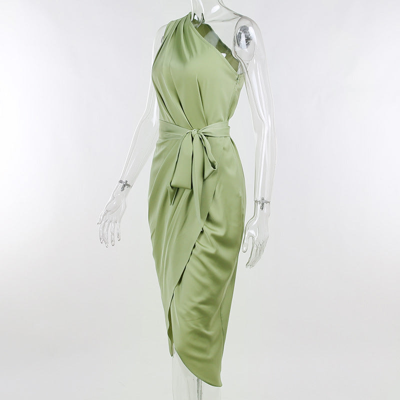One Shoulder Bodycon Dress Satin Women Dress Elegant 2022