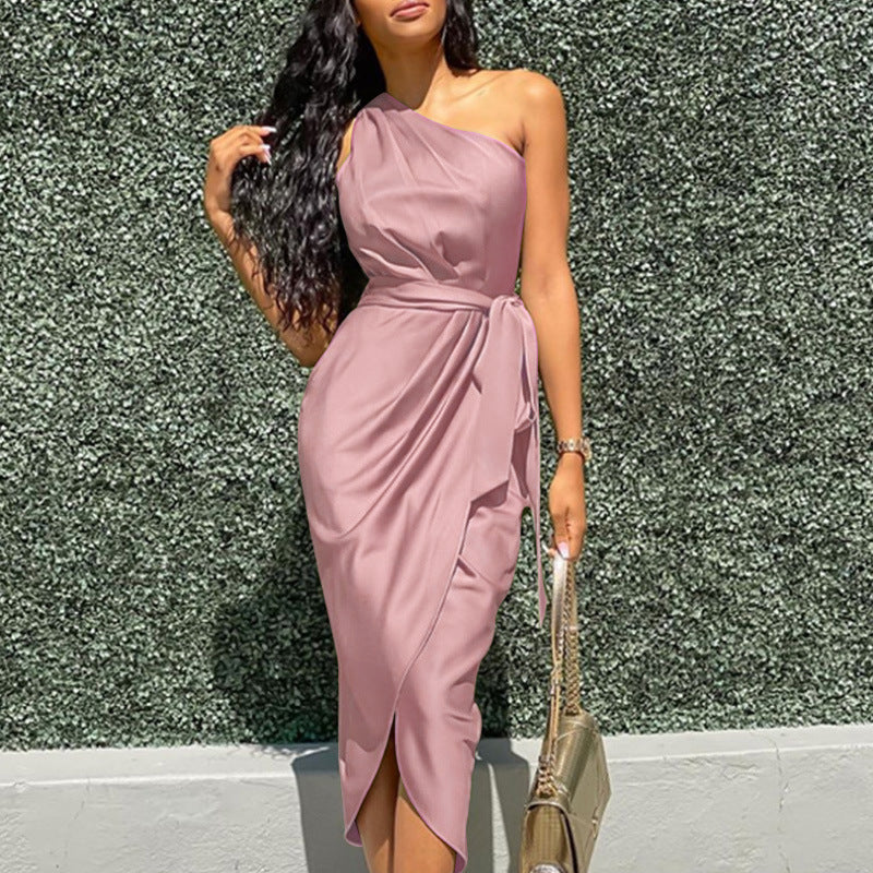 One Shoulder Bodycon Dress Satin Women Dress Elegant 2022