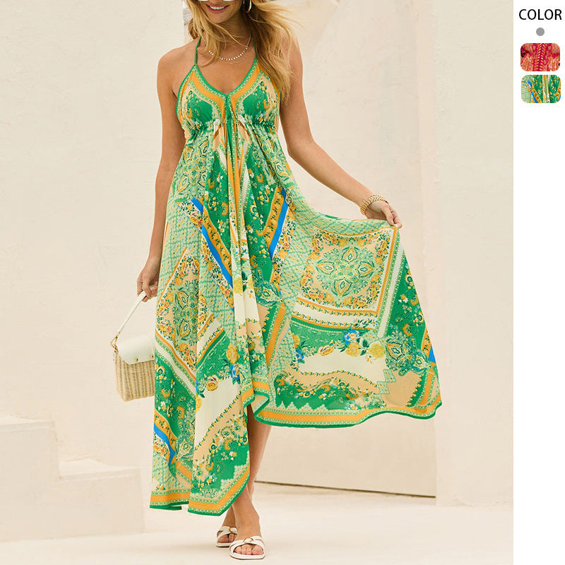 Off-the-shoulder V-neck Spaghetti-strap Floral Print Large Swing Dress