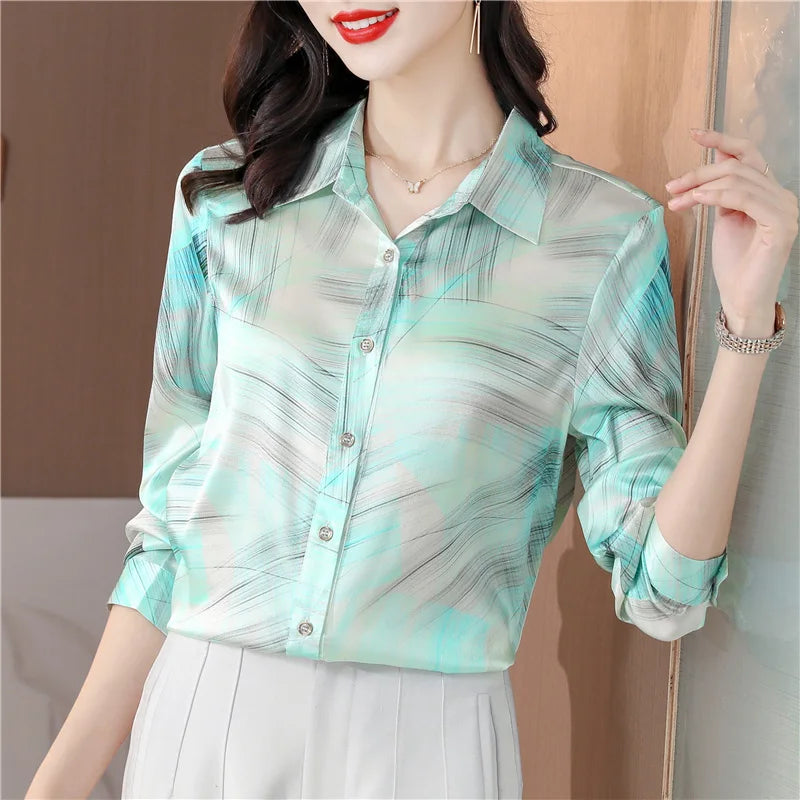 Spring Women's Shirts Fashion Long Sleeve Sweet Printed Clothing Female 2023 Silk Polo Neck Button Up Tops Women Basic Blouse OL