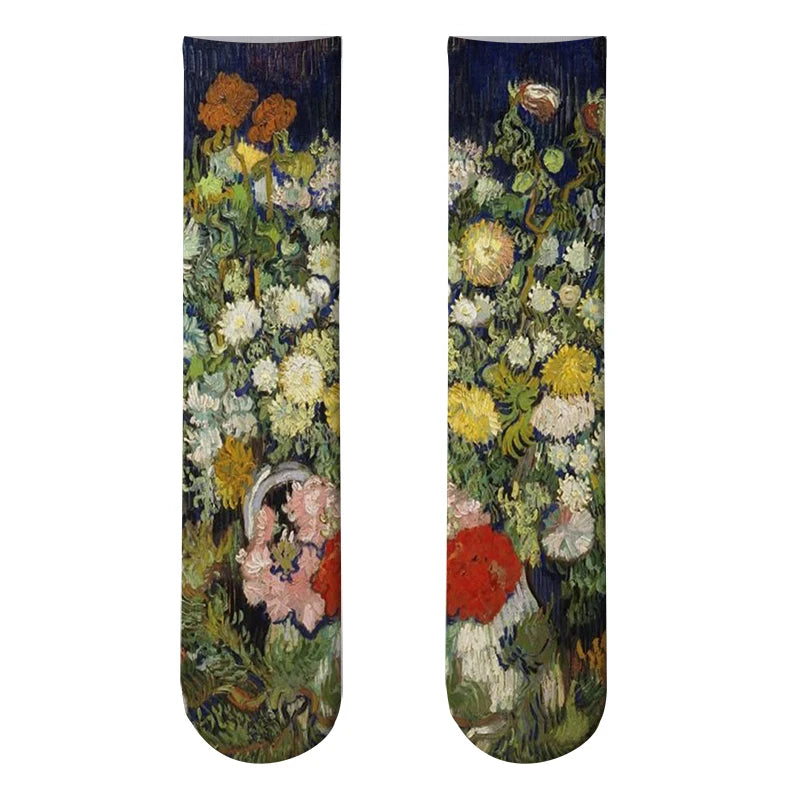 World Famous Oil Painting Socks For Unisex Starry Night Monet Mona Lisa Art Sock Retro Personality Comfortable Sokken For Female