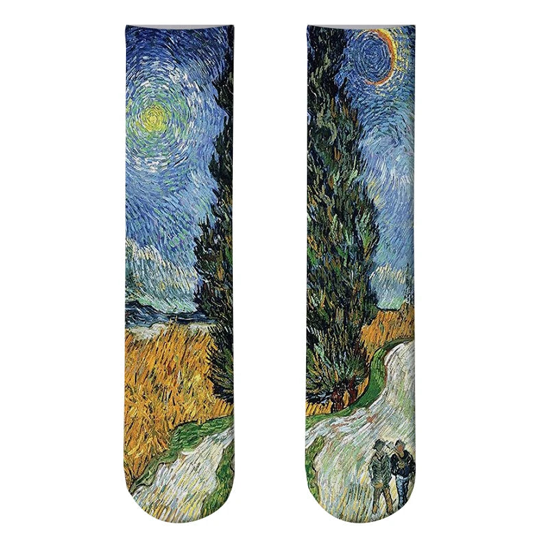 World Famous Oil Painting Socks For Unisex Starry Night Monet Mona Lisa Art Sock Retro Personality Comfortable Sokken For Female