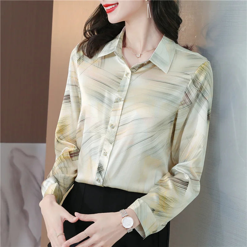 Spring Women's Shirts Fashion Long Sleeve Sweet Printed Clothing Female 2023 Silk Polo Neck Button Up Tops Women Basic Blouse OL