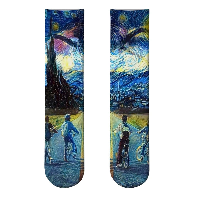 World Famous Oil Painting Socks For Unisex Starry Night Monet Mona Lisa Art Sock Retro Personality Comfortable Sokken For Female