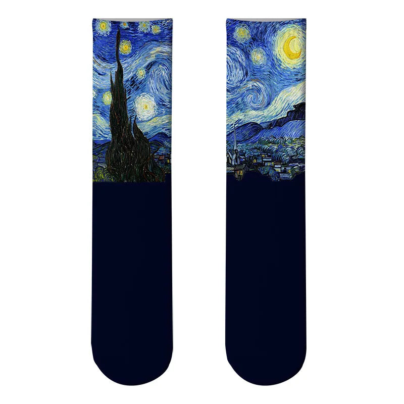 World Famous Oil Painting Socks For Unisex Starry Night Monet Mona Lisa Art Sock Retro Personality Comfortable Sokken For Female