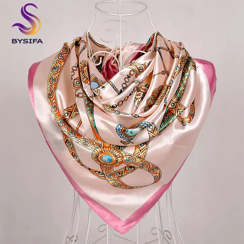 [BYSIFA] Scarf Winter Fashion Brand Square Scarves Shawls Sweet Pink Chain Design Scarves Bandana Spring Fall Head Hijab Scarf