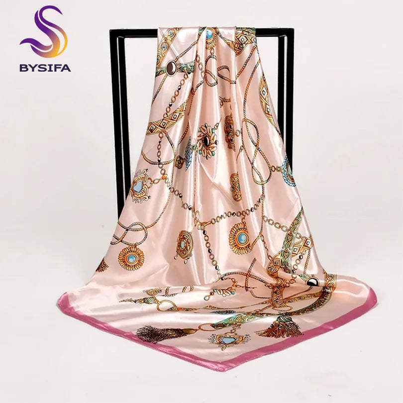 [BYSIFA] Scarf Winter Fashion Brand Square Scarves Shawls Sweet Pink Chain Design Scarves Bandana Spring Fall Head Hijab Scarf