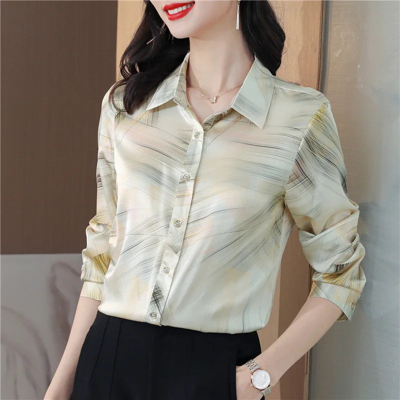 Spring Women's Shirts Fashion Long Sleeve Sweet Printed Clothing Female 2023 Silk Polo Neck Button Up Tops Women Basic Blouse OL