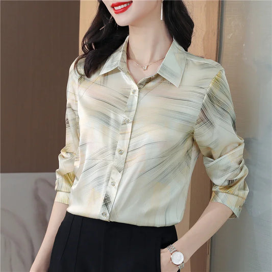 Spring Women's Shirts Fashion Long Sleeve Sweet Printed Clothing Female 2023 Silk Polo Neck Button Up Tops Women Basic Blouse OL
