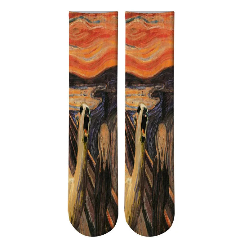 World Famous Oil Painting Socks For Unisex Starry Night Monet Mona Lisa Art Sock Retro Personality Comfortable Sokken For Female