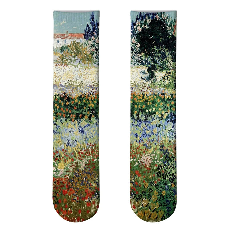 World Famous Oil Painting Socks For Unisex Starry Night Monet Mona Lisa Art Sock Retro Personality Comfortable Sokken For Female
