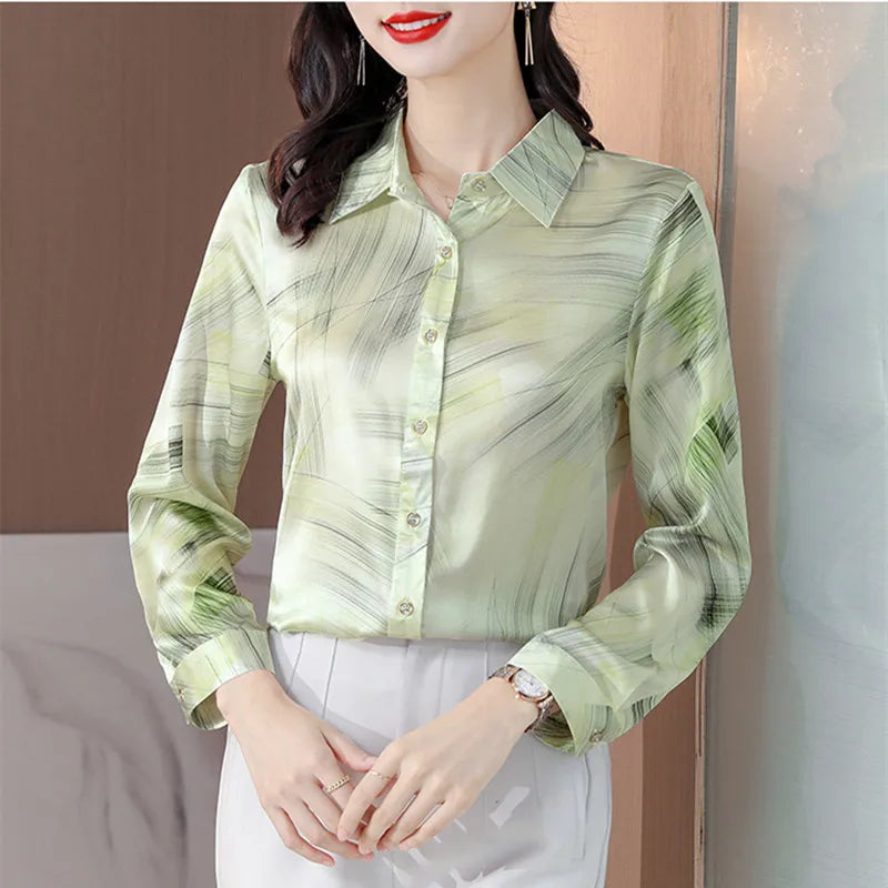 Spring Women's Shirts Fashion Long Sleeve Sweet Printed Clothing Female 2023 Silk Polo Neck Button Up Tops Women Basic Blouse OL