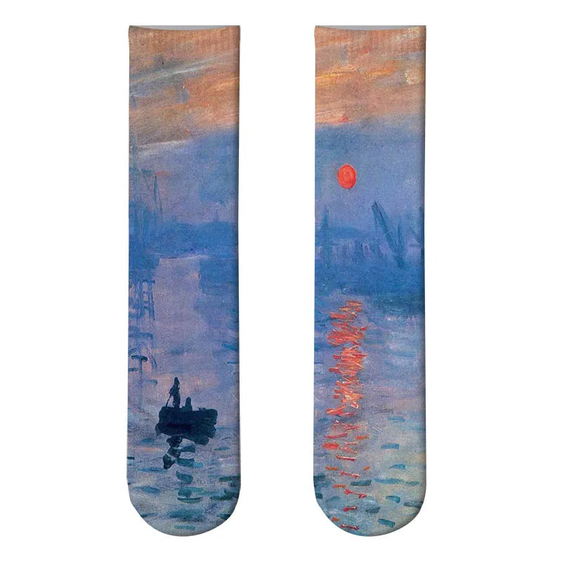 World Famous Oil Painting Socks For Unisex Starry Night Monet Mona Lisa Art Sock Retro Personality Comfortable Sokken For Female