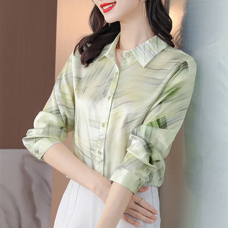 Spring Women's Shirts Fashion Long Sleeve Sweet Printed Clothing Female 2023 Silk Polo Neck Button Up Tops Women Basic Blouse OL