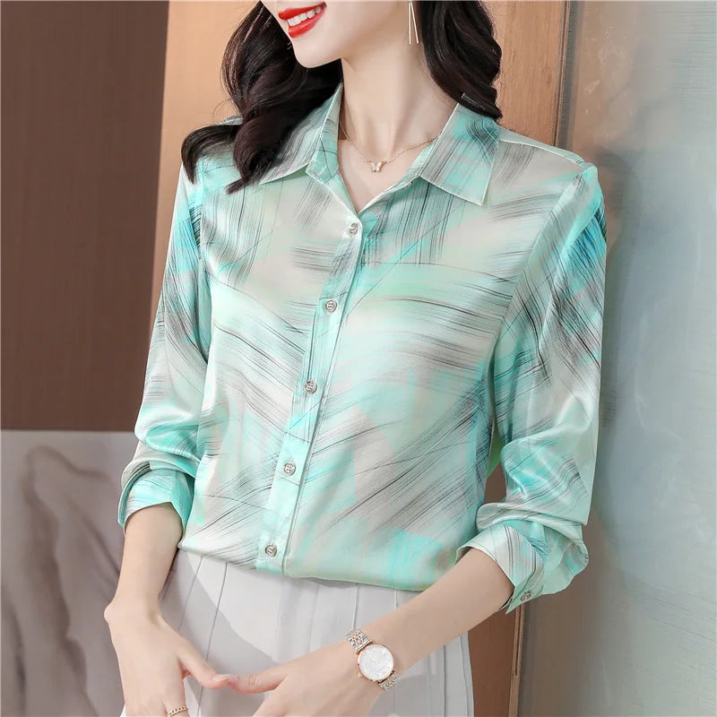 Spring Women's Shirts Fashion Long Sleeve Sweet Printed Clothing Female 2023 Silk Polo Neck Button Up Tops Women Basic Blouse OL