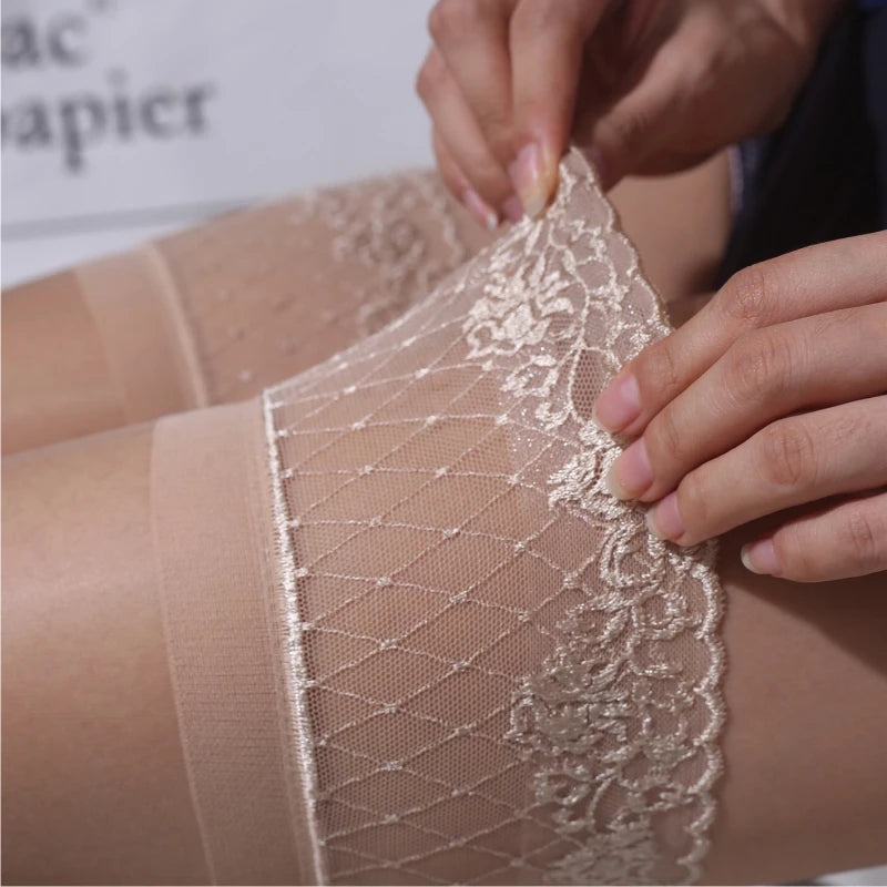 Oil Shine Sexy Stockings Women Lace Top Thigh High Stockings Ladies Silicone Stay Up Over Knee Long Medias