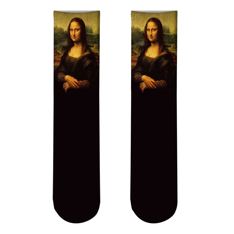 World Famous Oil Painting Socks For Unisex Starry Night Monet Mona Lisa Art Sock Retro Personality Comfortable Sokken For Female