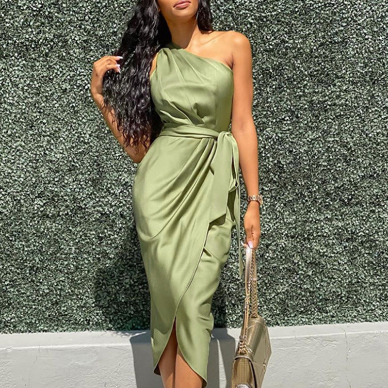 One Shoulder Bodycon Dress Satin Women Dress Elegant 2022