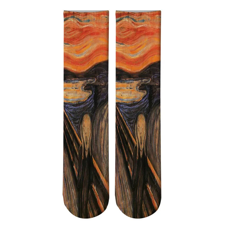 World Famous Oil Painting Socks For Unisex Starry Night Monet Mona Lisa Art Sock Retro Personality Comfortable Sokken For Female