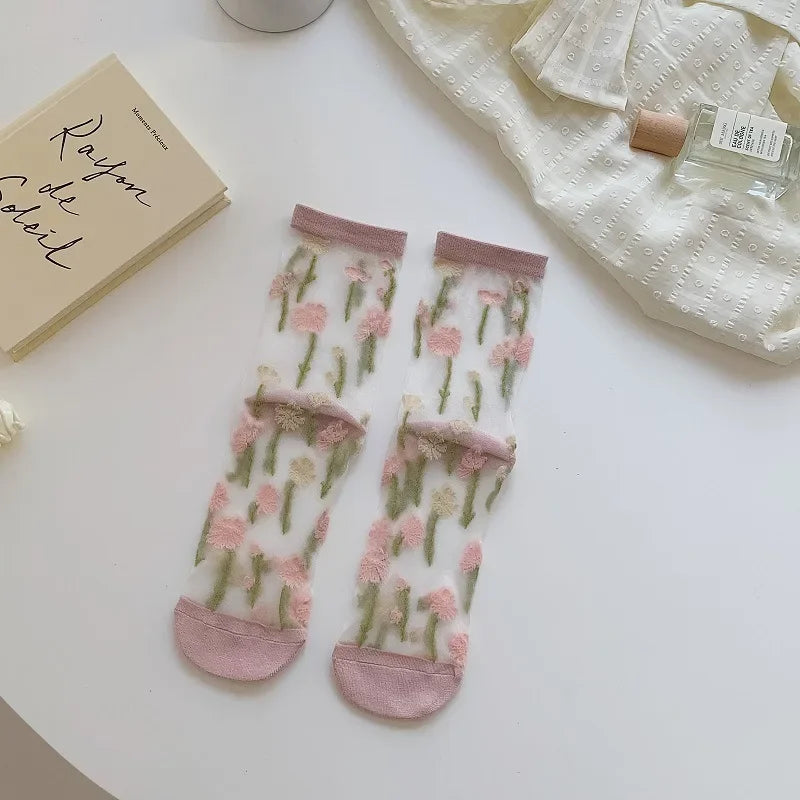 Summer Ultra-thin Crystal Silk Socks Floral Embroidery Harajuku Retro Elastic Long Socks Mesh Fishnet Transparent Lace Socks Sox