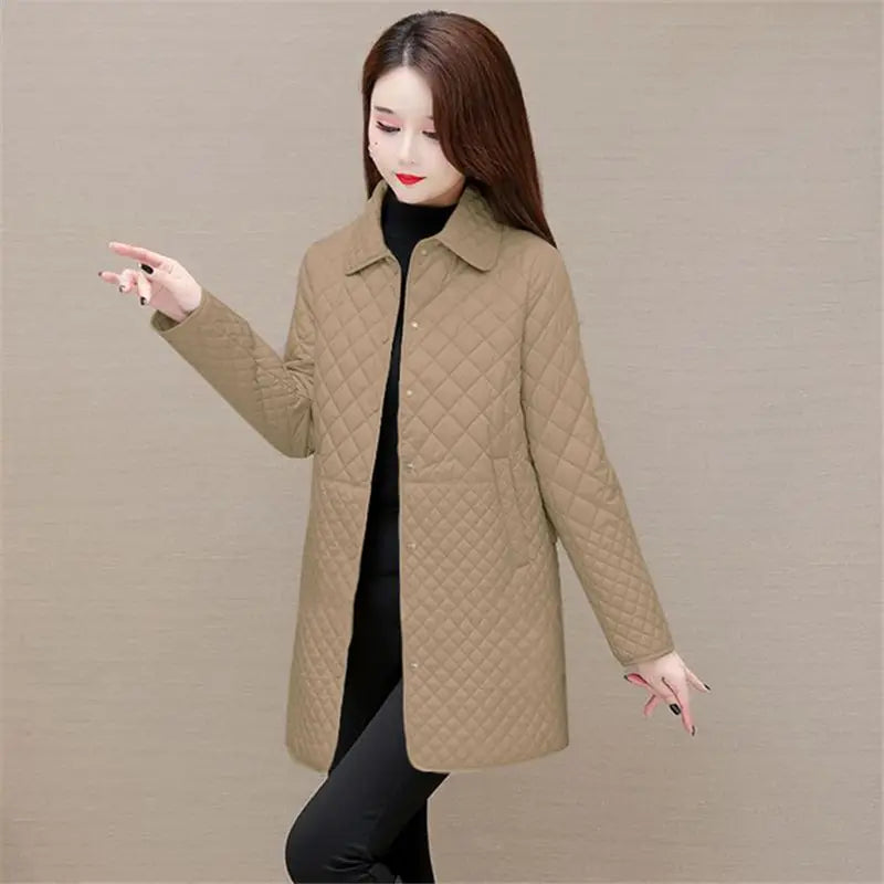 Autumn Winter Women Midi Plaid Quilted Coats Fashion Female Korean Clothing New Solid Casual Thicken Warm Long Sleeve Jackets