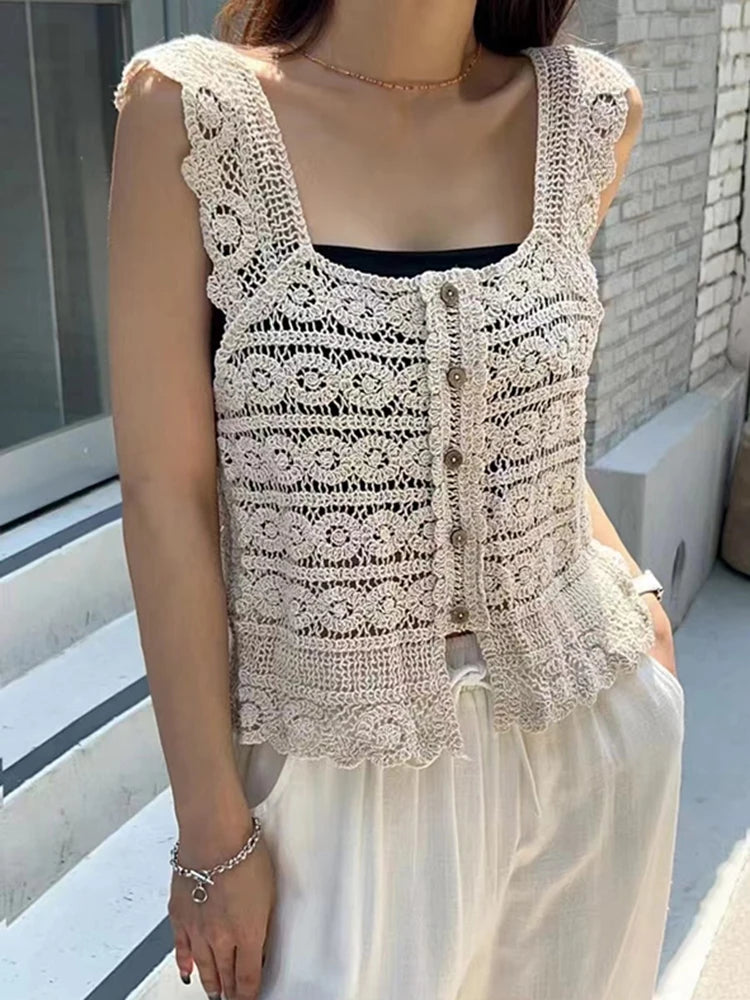 Square Neck Crochet Tank Top Button Front Sleeveless Sheer Open-knit Vest Blouse Women Spring Summer Boho Vacation Beach Outfit