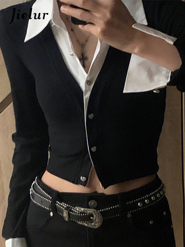 Jielur Sexy Fake Two Piece Set Women's Shirts Office Ladies V-neck Chic Slim Spell Color Single Breasted Fashion Female Shirt