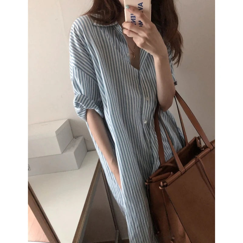 REALEFT Summer Vintage Striped Women's Shirts Dresses 2024 New Short Sleeve Single Breasted Casual Loose Long Dress Female